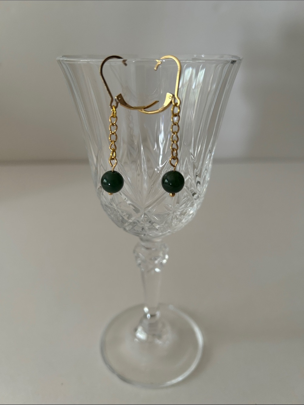 Gold Chain Drop Earrings with Dark Green Beads